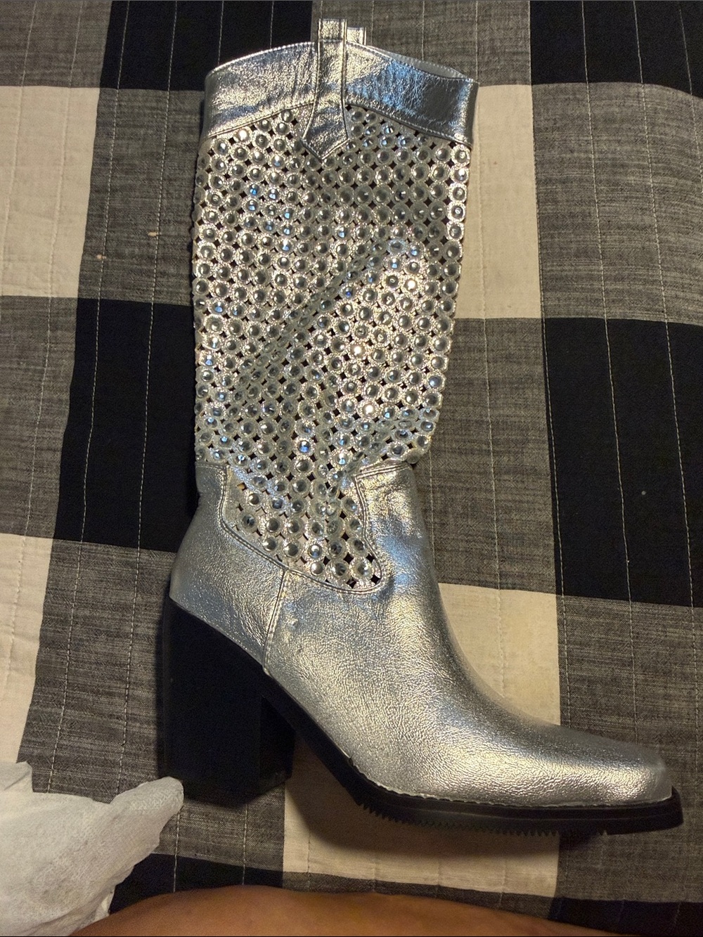 Silver Rhinestone Embellished Mid-Calf Block Heel Boots for Women
